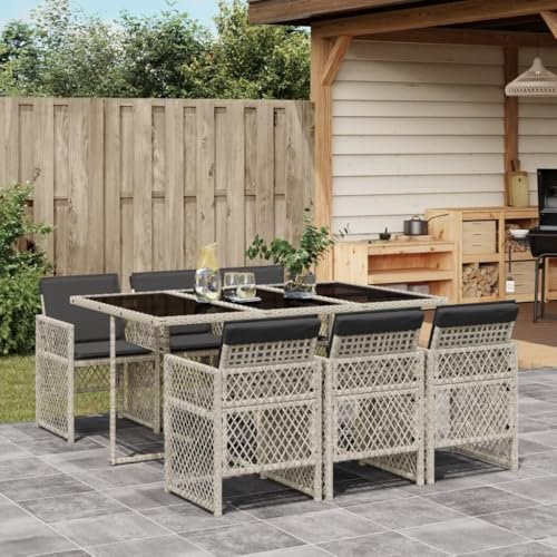 Xichuzi 7-TLG. Garten-Essgruppe mit Kissen Hellgrau Poly Rattan, Esstisch Mit Stühlen Set, Gartenmöbel Sitzgruppe, Balkon Möbel, Gartenlounge Set, Terrassenmöbel, Balkonmöbel Set - 3210731