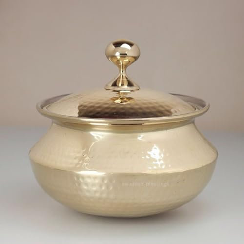 Swadeshi Blessings Exclusive Range Brass Handi Pot for Cooking with Lid/Teflon-Free/Naturally Non-Stick Brass Utensils with Tin Coating (4 Liters)