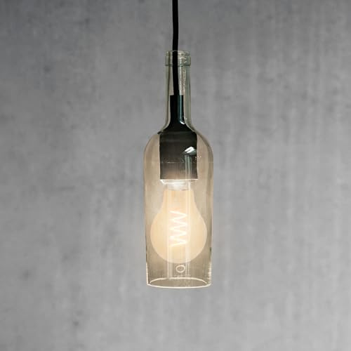SSC-LUXon Design Hängelampe Weinflasche (echt & recycelt) Transparent 0,7l - Deckenlampe hängend mit Retro LED Filament Glühbirne