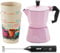 STONELINE Cafetera Italiana Inducción 4 Tazas 170 ml, Cafetera Espresso Moka de Aluminio Fundido, para Todo Tipo de Cocinas incluida Inducción, Juego Café Exprés con Vasos y Espumador, Rosa