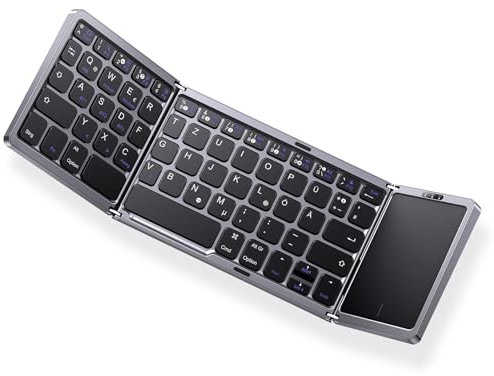 OMOTON Bluetooth-Faltbare-Tastatur, Kabellose Wiederaufladbare Klapptastatur mit Touchpad,3 Bluetooth Kanälen,Tragbare Mini Tastatur für iOS, Android, Windows,QWERTZ
