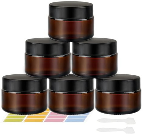 Lot de 6 bocaux vides en verre ambré de 30 ml avec couvercles et doublures intérieures, pots de voyage avec spatule et étiquettes pour articles de toilette, cosmétiques, poudre, lotion, crèmes