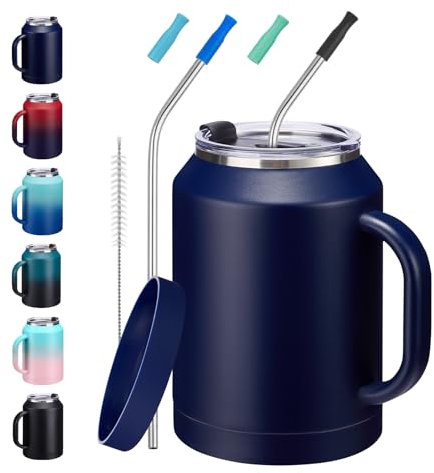 50 oz Mug Tumbler with Handle and Straw - 2-in-1 Lid, Insulated Metal Iced Coffee Thermal Cup, Stainless Steel Water Mugs, Double Wall Vacuum Water Cups Keep Cold-36H Hot-24H, 50oz Large Flask Jug
