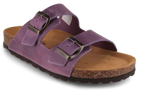 Tuffeln Leder-Sandalen Föhr mit weichem Korkfußbett Zweischnaller Pantoletten, Lila Gr. 39