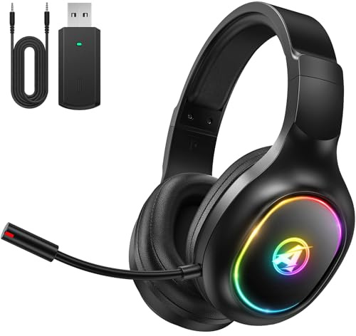 Awinnasey PH1 - Cuffie da gioco wireless per PS4, PS5, PC, Mac, Switch, 2,4 GHz, con cancellazione del rumore e luce RGB, cuffie Bluetooth con cavo da 3,5 mm, colore: nero/arancione opaco