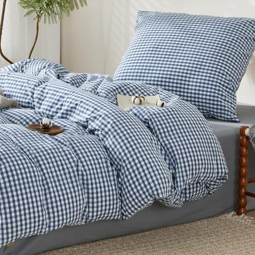 SAPHREAS Bettwäsche 155x220 Baumwolle Gewaschene Kariert 2teilig, Geometrisch Karomuster Bettwäsche Sets Oeko-Tex Zertifiziert Bettbezug mit Reißverschluss, Marine