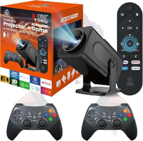 HCS350 Pro+ Projector and game,Retro 4K Smart Game Projector 1980*1080P Built-in 36000 Games,Portable video game with 2 Wireless Controllers,5G WiFi Bluetooth,HDMI,Android 12,home theater,office