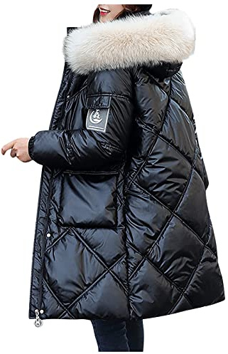 Generisch Daunenmantel Damen Winter Lang Glänzende Steppmantel Leicht Mit Kapuze Wintermantel Warm Fellkapuze Puffer Jacke Damen Glänzend Reflektierend Mit Reissverschluss Daunenjacke Thermo Dicke