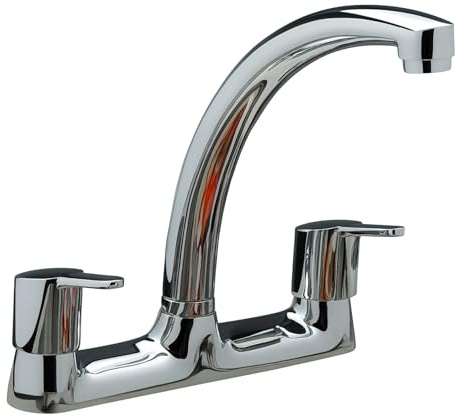 PHG S12 Chrome Deck Mounted Kitchen Mixer Tap - Dual Lever Modern Design with Swivel Spout Durable Brass Construction