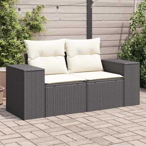 Bucmath Gartensofa mit Kissen 2-Sitzer Schwarz Poly Rattan, 186x62x69cm, UV-beständig, Stauraum, Modulares Design für Terrasse & Garten