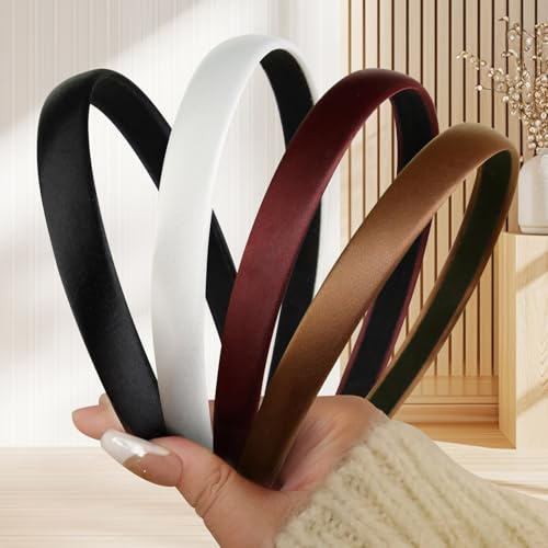 4 Stück Satin Haarreifen, Dünne Haarreifen Damen, Rutschfestes Haarband, Modisches Haarband, Includes White, Burgundy, Black and Brown, Vintage Haarzubehör Suitable for Sports and Everyday Use