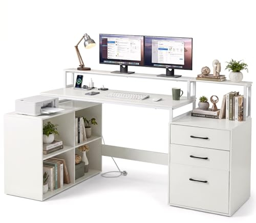 COSTWAY Bureau en L avec Station de Recharge Intégrée, Bureau d'angle avec Tiroir de Classement, Supports pour Imprimante et Support pour Moniteur, Cubes de Rangement, pour Bureau, Chambre