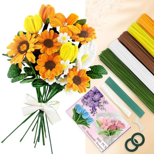 400pcs Pipe Cleaners for Craft, Pipe Cleaners for Tulip Bouquet, | Fuzzy Sticks Craft Supplies for Flower DIY Craft Kit Gift，Chenille Stems DIY Arts & Crafts with Tutorial (Sunflower)