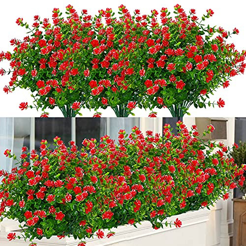 ArtBloom Künstliche Blumen für den Außenbereich, UV-beständig, Buchsbaum-Pflanzen, künstlicher Kunststoff, für drinnen und draußen, hängende Pflanzen, Garten, Veranda, Hochzeit, Bauernhof-Dekor (rot)