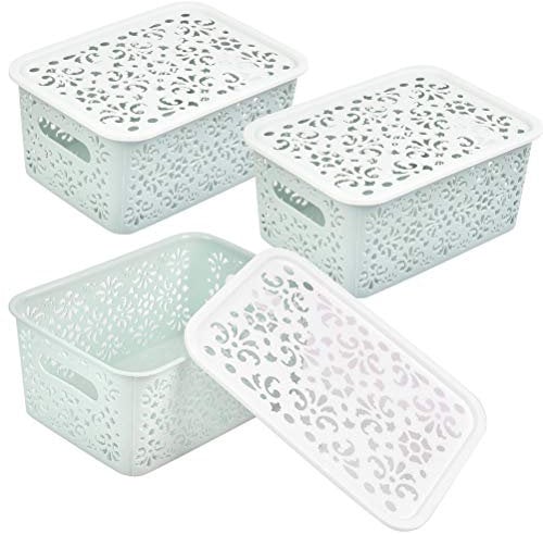 DODUOS 3Pcs Plastic Storage Baskets with Lids, Plastic Organizer Baskets with Handle, 21 * 16.5 * 10.4cm Blue Small Storage Containers Bins Boxes for Shelve, Kitchen, Cupboards, Fridge