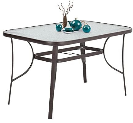 DKIEI 120x80cm Rectangle Outdoor Table Coffee Table Patio Table Garden Dining Table Steel Frame Tempered Glass Table Top with Umbrella Hole for Yard Bistro Lawn Balcony, Brown