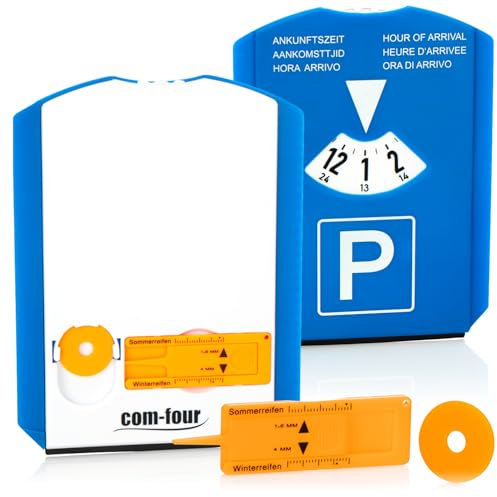 com-four® 2X Parkscheibe mit Eiskratzer, Gummilippe und Einkaufswagenchip und Reifenprofilmesser - Parkuhr aus Kunststoff (02 Stück - Parkscheibe mit Chip+Profilmesser)