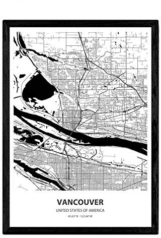 Nacnic Poster mit Karte von Vancouver - USA. Blätter von US-Städte mit Meeren und Flüssen in schwarz und weiß. A3