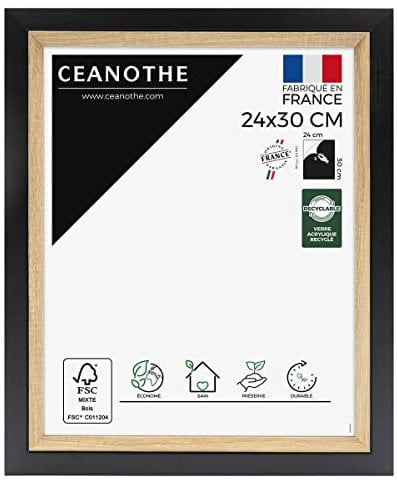 Ceanothe Cadre Photo 24x30 cm Noir et Bois Convient au A4 Baguettes avec finition intérieure de la Collection Actual Verre acrylique Incassable Fabriqué en France
