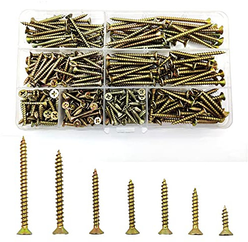 335 Pcs Self Tapping Wood Screws Assortment Kit, Assorted Cross Pan Head Countersunk Zinc-Plated Concrete Screws, Drywall Screws for Door Hinges, Repairs, DIY Project