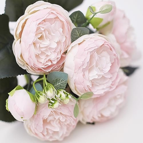 The Baked Studio - Silk Peony and Tea Rose Artificial Bouquet 9 Heads Realistic Fake Plant for DIY Craft Cake Living Room Home Wedding Decoration (LIGHT PINK)