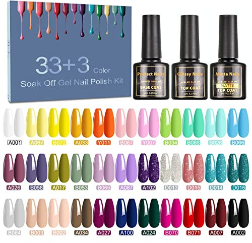 SHOWNAIL Esmalte Semipermanente, 36 Pcs 8ml Pintauñas Semipermanentes Remojo con Base, Top Coat Brillante y Mate, 33 Colores de Set Esmalte de Uñas Semipermanentes con Negro, Blanco(36A)