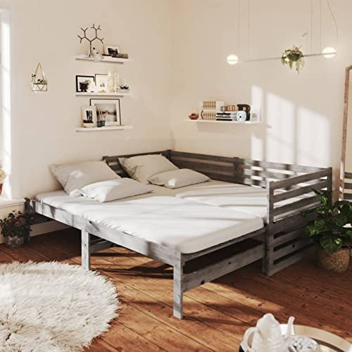 Tidyard Tagesbett Ausziehbar Schlafsofa Bettsofa Sofa Couch Bettgestell Einzelbett Grau Kiefer Massivholz 2X(90x200) cm