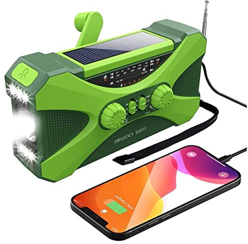 Emergency Solar Radio, 10000Mah Emergency Weather Radio Portable Power Bank with Solar Charging, Hand Crank- Battery Operated, Sos Alarm, Am/Fm- Flashlight for Outdoor Emergency, C-F, Green