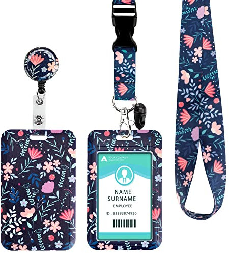 Ausweishülle mit Band, Ausweishalter Ausziehbar, Kartenhalter Ausweis mit Drehbarer Karabinerverschluss, für Frauen, Lehrer, Krankenschwestern, Doktor, Student(Pink Blue Flower)
