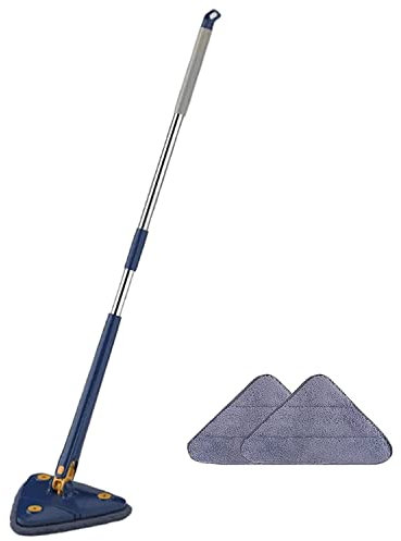 360°Fregona de limpieza ajustable giratoria, Fregona de limpieza triangular con exprimido automático de agua, Fregona giratoria telescópica para limpiar paredes, techos, ventanas (Azul)