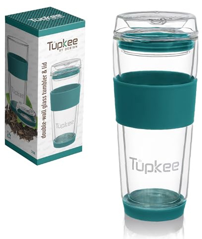 Tupkee Double Wall Glass Tumbler - 14-Ounce, All Glass Reusable Insulated Tea/Coffee Mug & Lid, Hand Blown Glass Travel Mug - Cyan