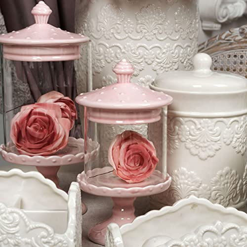 Coccole di Casa Tortenplatte auf Fuß mit Haube, Kleine Dekorativer Stander, Standfuß, Tortenständer, Tortenplatte aus Keramik mit Glocke Landhaus Shabby Chic - Cupcake - 16x36 - Puderrosa
