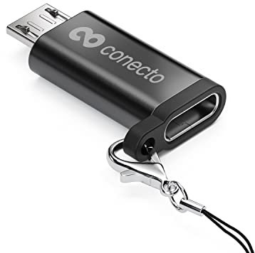 conecto, Adaptateur Micro USB vers USB-C, Prise en Charge OTG, Compatible avec Les appareils Apple, Boucle/Mousqueton Inclus, boîtier en Aluminium, Noir
