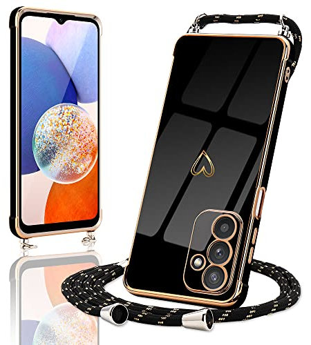 Micoden Handykette kompatibel mit Samsung Galaxy A14 5G,Ultra dünn Kameraschutz Herz Love Design Galvanik TPU Silikon Bumper Kordel zum Umhängen Handyhülle mit Band Schutzhülle,Schwarz