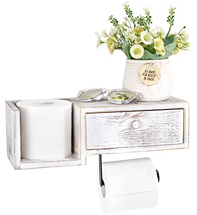 OLegei Portapapel higiénico de madera con cajón de almacenamiento, Portarrollos Papel Higiénico Estante de Pared para Cuarto de Baño, 37 x 17 x 14 cm, Color Blanco