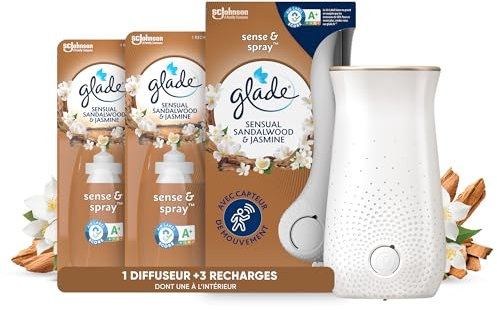 Glade Sense & Spray Diffuseur à Détection de Mouvement - Infusé Aux Huiles Essentielles - Jusqu'à 2 Mois de Parfum - Sensual Sandalwood & Jasmine - 1 Diffuseur + 3 Recharges