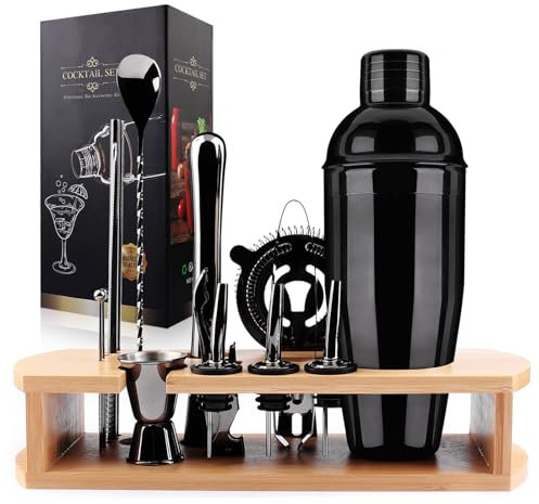 Kit de mélange de cocktail en acier inoxydable - 14 pièces - Pour barman et shaker à cocktail - Kit de mixologue professionnel avec support en bambou - Cadeau parfait pour Noël et comme cadeau