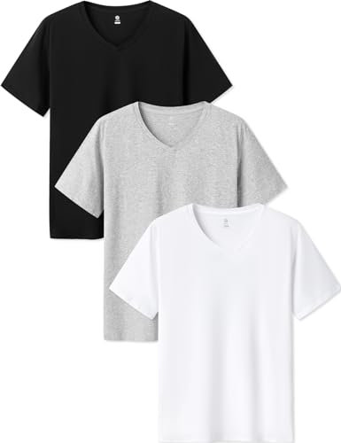 LAPASA Pack de 3 Camisetas Hombre de Algodón ELS Manga Corta Camiseta Interior Cuello en V M06 X-Large Negro + Blanco + Gris Jaspeado Claro (Cuello en V)