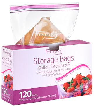 TYPLASTICS 120 Pcs Gallon Food Storage Freezer Bags (4.55L), Double Zipper for Freshness, Easy Open Design, Reclosable