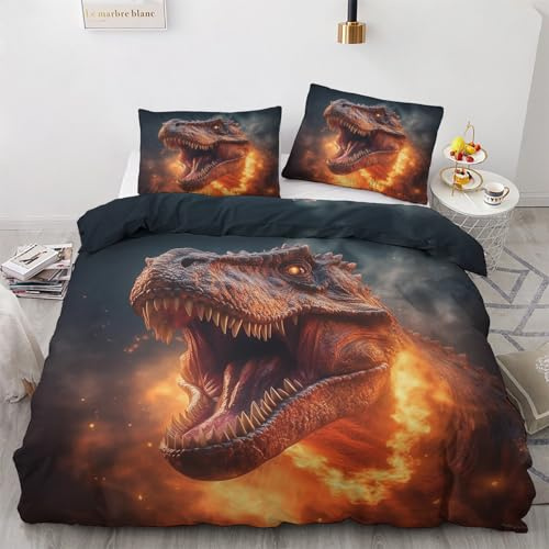 GEDAEUBA Dinosaurier Bettwäsche 155x220 - Dino Bettbezug 155x220 3 teilig, Wendebettwäsche und Kissenbezug 80x80, Weiche & Angenehme Mikrofaser Bettwäsche-Sets mit Reißverschluss