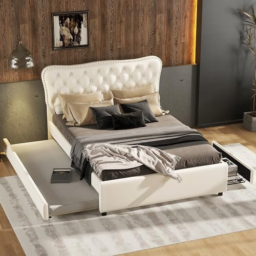 140x200 cm Polsterbett Ausziehbett 90x190 cm, Doppelbett mit Kopfteil und Lattenrost Podestbett, Polsterbett aus PU mit Rollbett und Zwei Schubladen,PU (Beige, 140 x 200cm)