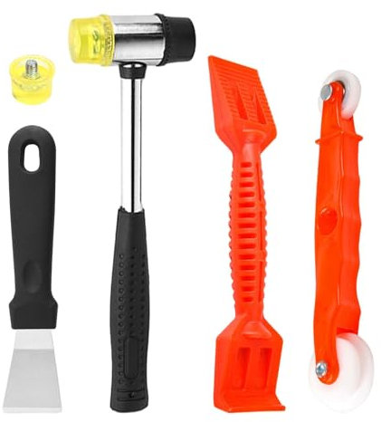 POHOVE Kit d'outils de vitrage de fenêtre, lot de 4 outils de vitrage robustes, marteau multifonction, rouleau de fenêtre rouge, grattoir en acier, pelle en plastique, pour fenêtres, portes