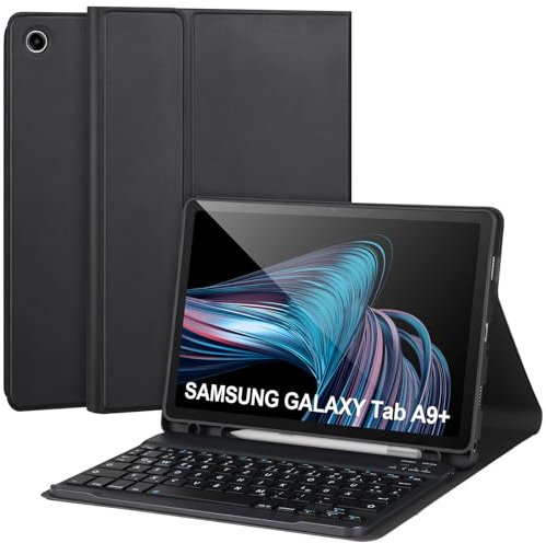 Étui de clavier pour Samsung Galaxy Tab A9 Plus/A9+ 5G 11 2023 modèle (SM-X210/X216/X218), couverture de clavier magnétique avec clavier Bluetooth amovible sans fil, noir