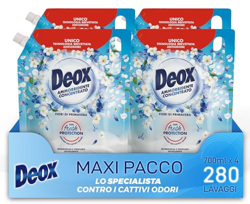 Deox Ammorbidente Concentrato, 280 Lavaggi, Fiori di Primavera, Ecoformato, 4 x 1400 ml