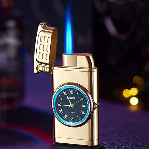 BNXCGDIQP Jet Flame Butan-Feuerzeuge mit Uhr, Fackelfeuerzeug, Winddicht und tragbar, nachfüllbares Mini-Jet-Flame-Gasfeuerzeug, Gold