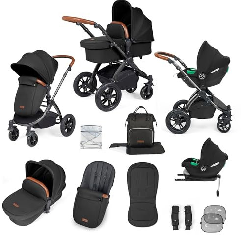 Ickle Bubba Stomp Luxe 12-teiliges Reisesystem mit i-Size Cirrus Autositz & ISOFIX-Basis - All-Terrain Kinderwagen, wendbarer Sitz, Tragetasche, UPF 50+ Verdeck, Regenschutz & Zubehör (Schwarz