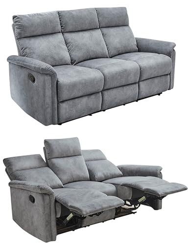 Dreisitzer-Sofa mit hochwertiger Federkernpolsterung 180 cm breit, verstellbare 3er Couch durch praktische halbautomatische Relaxfunktion, Bezug Velours Vintage Grau / 15128