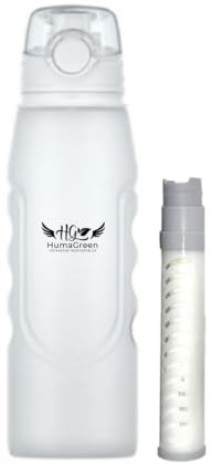 Gourde Filtrante Humagreen – Filtre à Eau Portable Réutilisable pour Voyage, Randonnée, Trekking, Camping, Survie – Kit Purificateur d'Eau Léger, Pliable et Durable (Blanc Transparent)