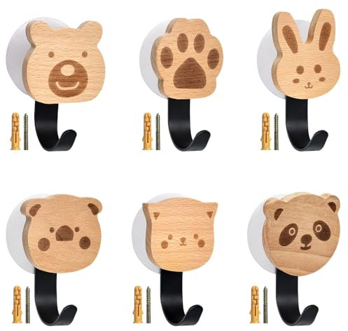 SPEACOUR 6 PCS Crochets pour Animaux Mignons en Bois et Aciers Inoxydables, Crochets Adhesifs Muraux, Patere Porte Manteau avec 6 Vis, Crochet Décoratif pour Clés, Serviettes, Echarpes, Chapeaux