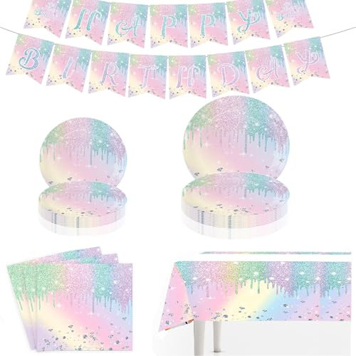 Iridescent Diamond birthday Party Supplies,include Plates, Napkin, Happy Birthday Banner,Tablecloth